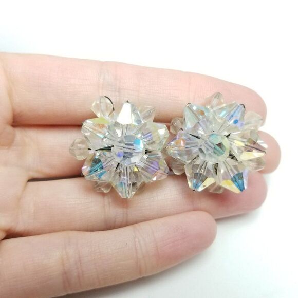 Vintage Sparkly Clear AB Beaded Cluster Clip On Earrings, Retro 60s Style - Picture 1 of 6